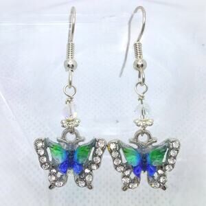 Handmade Butterfly Earrings Whimsical Colorful Dangle Blue Green Sparkle NEW